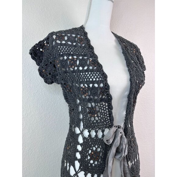 Boston Proper‎ women's medium grey crochet short sleeve Y2K 90's cardigan vest - Picture 2 of 6